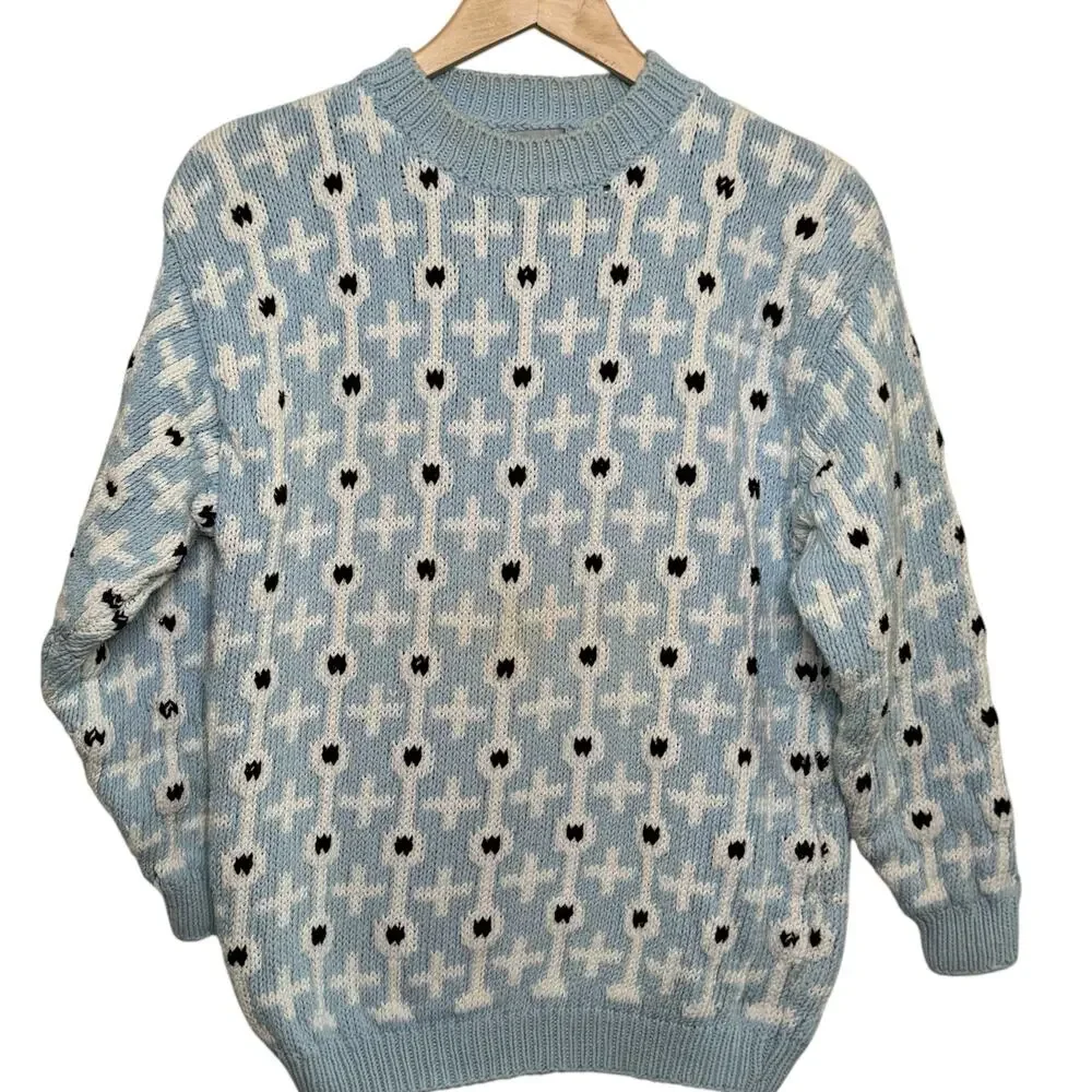 1980;s Esprit Collection 100% Cotton Medium Blue Abstract Knit Pullover Sweater